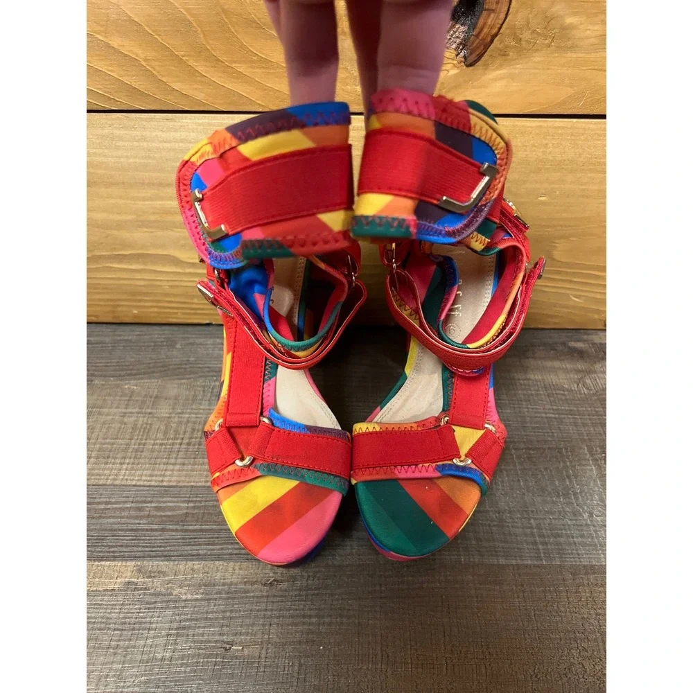 David Engel Villains Rainbow Heels Platform Ankle Strap Colorful Cross Dress Y2K